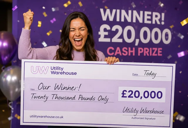 Smiling woman holding a sign for the £20,000 cash giveaway